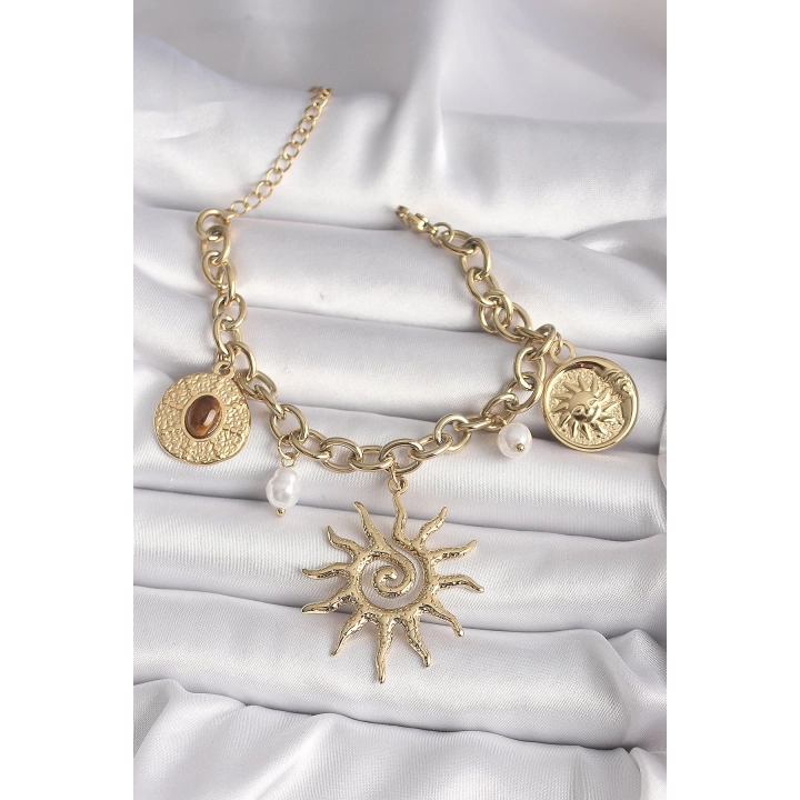 316L Çelik Gold Renk Zincir İnci Detay Güneş Model Kadın Bileklik - TJ-BB6607