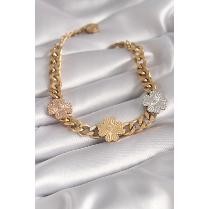 316L Çelik Gold Renk Zincir Model 3lü Renkli Çiçek Figür Kadın Bileklik - TJ-BB5974