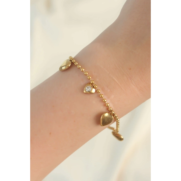 316L Çelik Gold Renk Zirkon Taşlı Kalp Model Bileklik - TJ-BB6098
