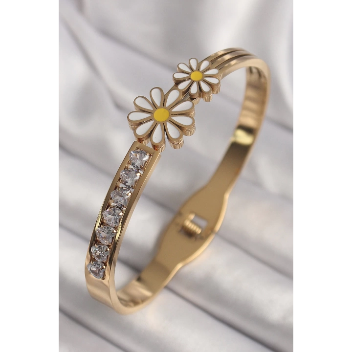 316L Çelik Gold Renk Zirkon Taşlı Papatya Model Kadın Kelepçe - TJ-BB6781