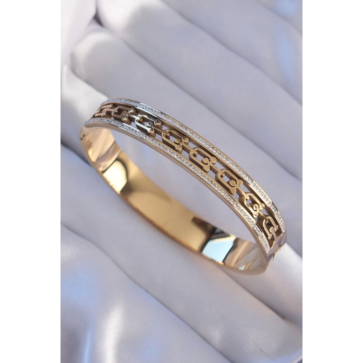 316L Çelik Gold Renk Zirkon Taşlı Tiffany Model Kelepçe - TJ-BB6188