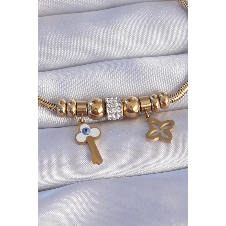 316L Çelik Gold Renk Zirkon Taşlı Yonca Detay Nazarlı Anahtar Tasarımlı Bileklik - TJ-BB6203