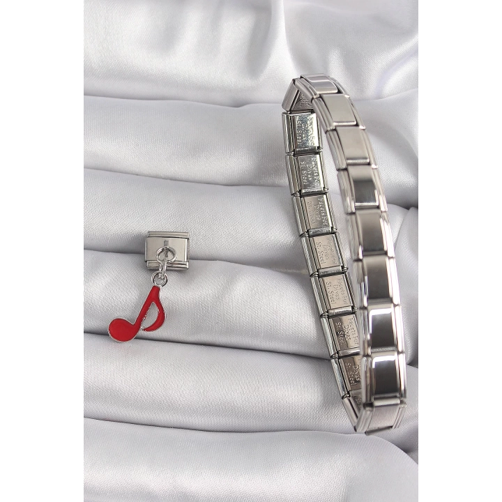 316L Çelik Gümüş Renk Kırmızı Nota Model Nomination Charm - TJ-BC1180