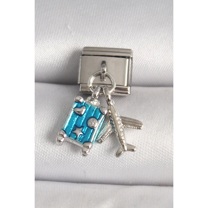 316L Çelik Gümüş Renk Mavi Bavul Uçak Model Nomination Charm - TJ-BC1227