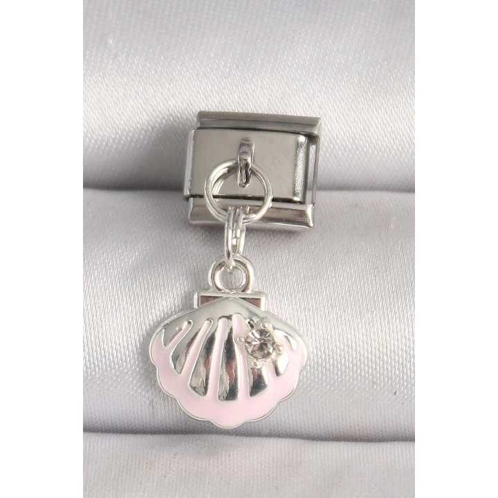 316L Çelik Gümüş Renk Pembe Deniz Kabuğu Model Zirkon Taş Detay Nomination Charm - TJ-BC1257