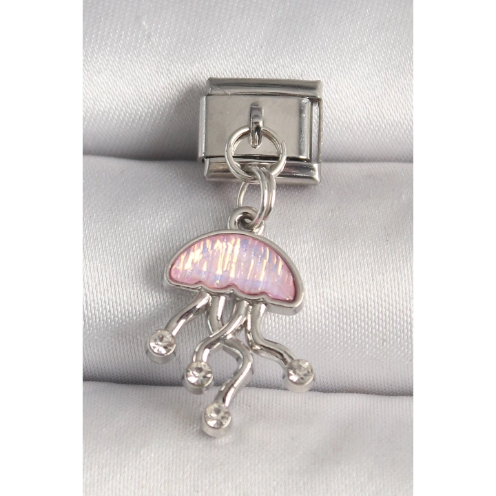 316L Çelik Gümüş Renk Pembe Mineli Deniz Anası Model Zirkon Taş Detaylı Nomination Charm - TJ-BC1263
