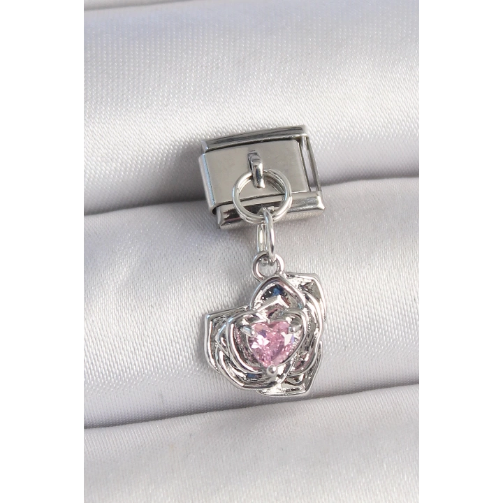 316L Çelik Gümüş Renk Pembe Zirkon Taşlı Kalpli Gül Model Nomination Charm - TJ-BC1335