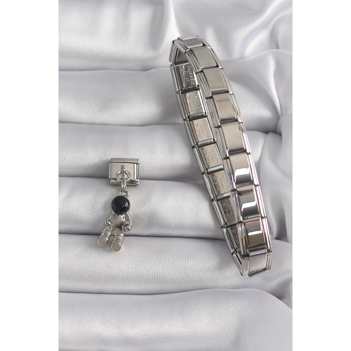 316L Çelik Gümüş Renk Sallantı Astronot Model Yıldız Detay Nomination Charm - TJ-BC1112