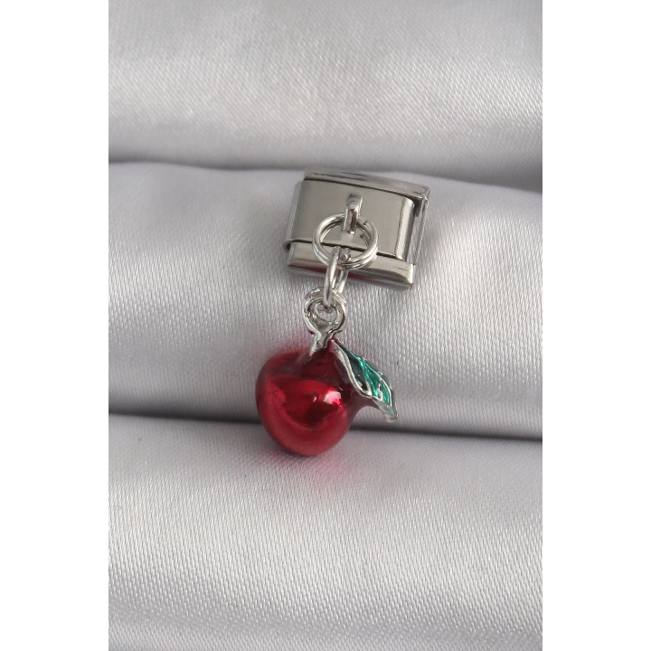 316L Çelik Gümüş Renk Sallantı Kırmızı Elma Model Nomination Charm - TJ-BC1178