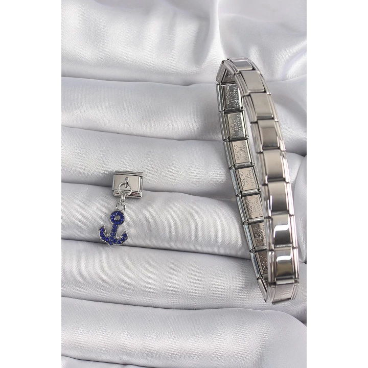 316L Çelik Gümüş Renk Sallantı Mavi Zirkon Taşlı Çapa Model Nomination Charm - TJ-BC1135