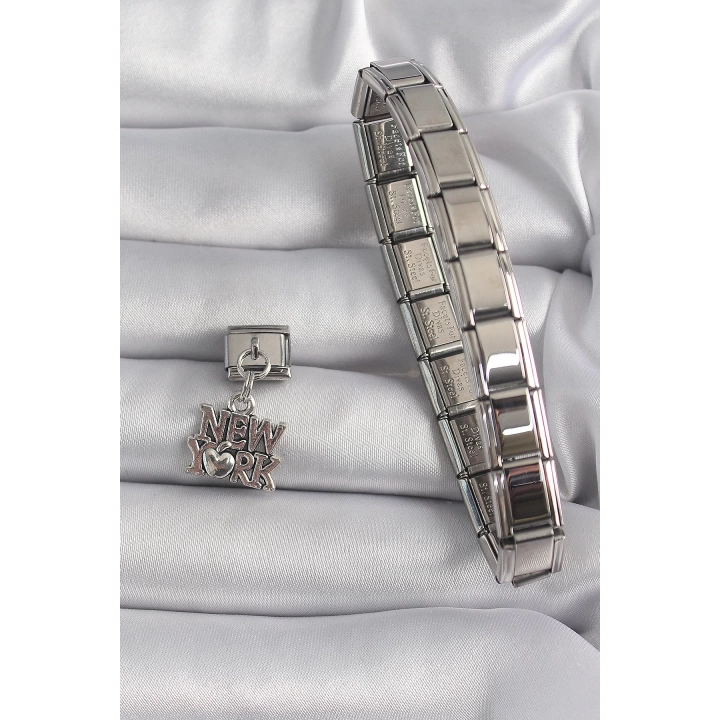 316L Çelik Gümüş Renk Sallantı New York Yazı Model Nomination Charm - TJ-BC1120