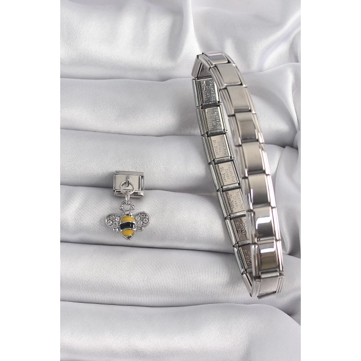 316L Çelik Gümüş Renk Sallantı Zirkon Taşlı Arı Model Nomination Charm - TJ-BC1143