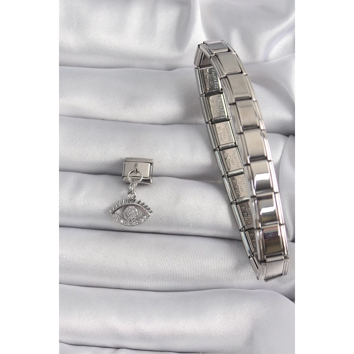316L Çelik Gümüş Renk Sallantı Zirkon Taşlı Göz Model Nomination Charm - TJ-BC1128
