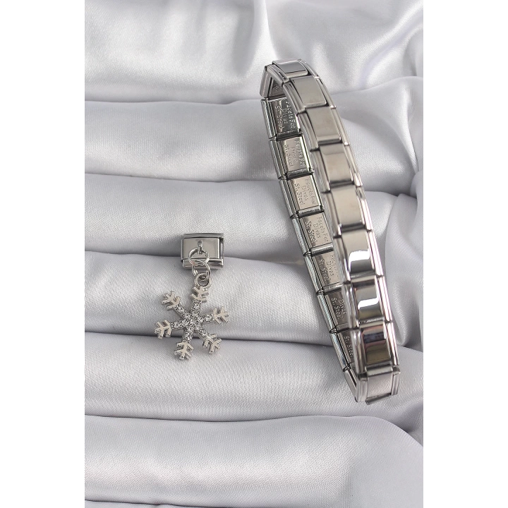 316L Çelik Gümüş Renk Sallantı Zirkon Taşlı Kar Tanesi Model Nomination Charm - TJ-BC1129