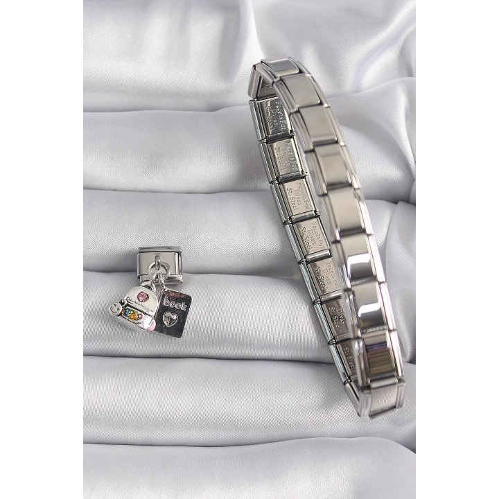 316L Çelik Gümüş Renk Zirkon Taş Detaylı Sırt Çantası Kitap Model Nomination Charm - TJ-BC1105
