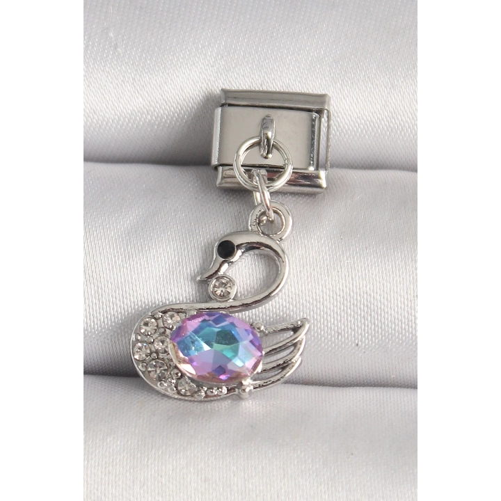 316L Çelik Gümüş Renk Zirkon Taşlı Kuğu Model Nomination Charm - TJ-BC1244
