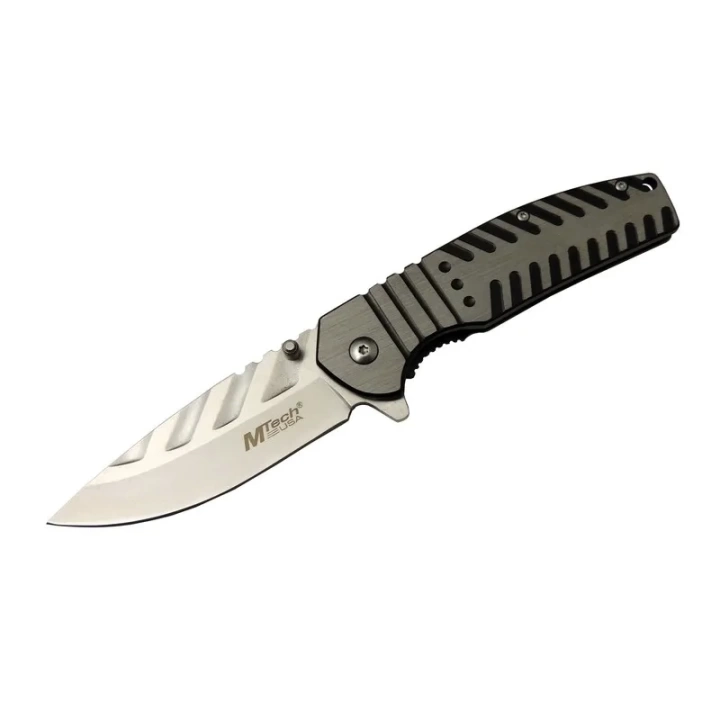 4 14 Gri Kamp Çakı 21cm - Yarı Otomatik, Kemerlikli, Metal Sap