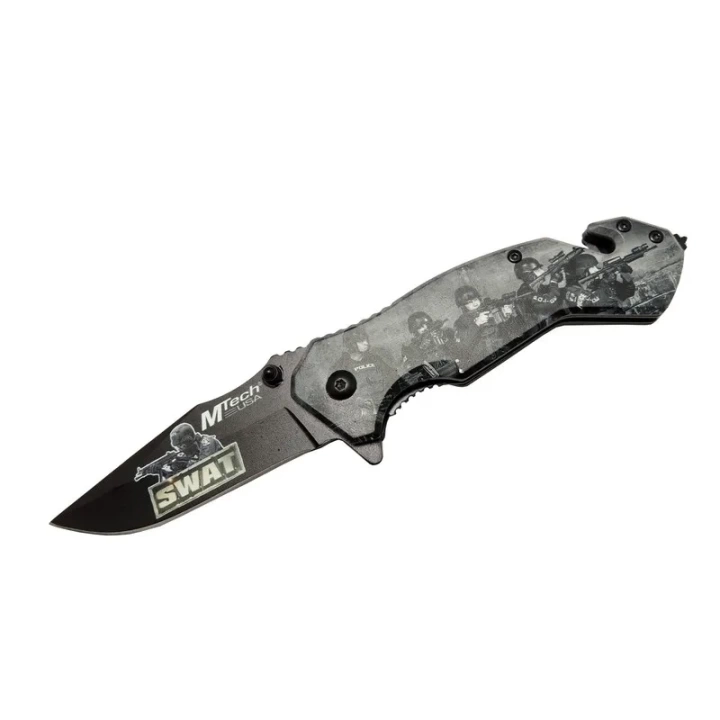 4 23 6 Swat Kurtarma / Kamp Çakı 20cm - Yarı Otomatik, Kemerlikli, Cam Kırma Ve İp Kesme Aparatlı