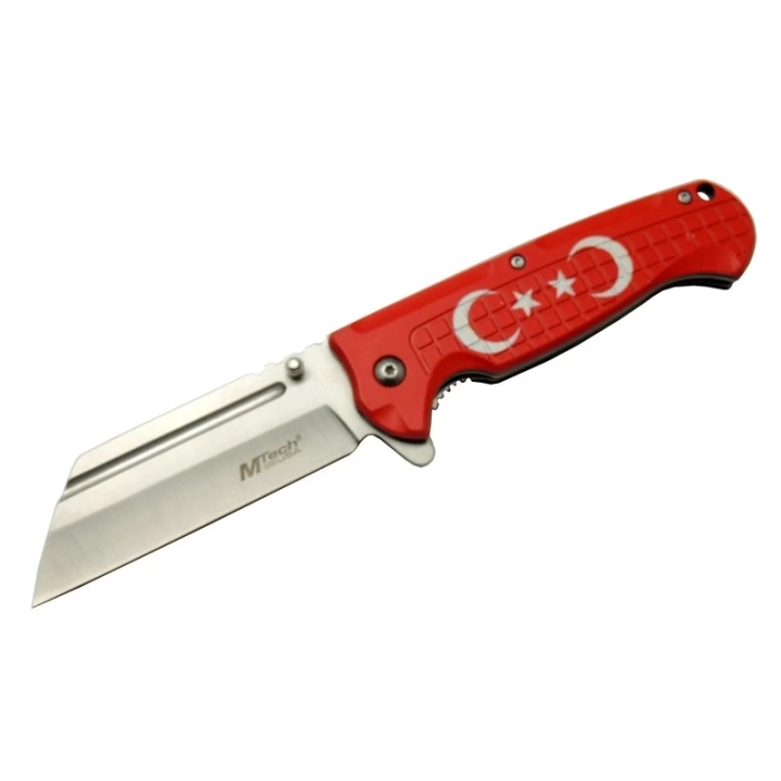 4-27 Kırmızı Tanto Kamp Çakı 21cm - Yarı Otomatik, Kemerlikli, Ay-Yıldız Baskılı Sap