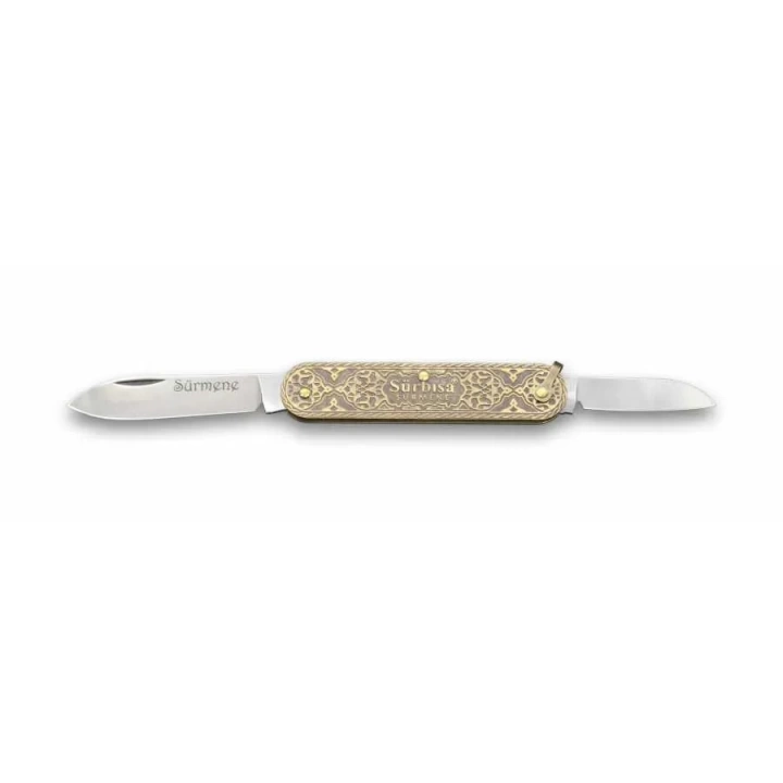 61804 Pirinç İşlemeli Sürmene Çakısı 5,5 / 3,5 Cm - Çift Bıçaklı
