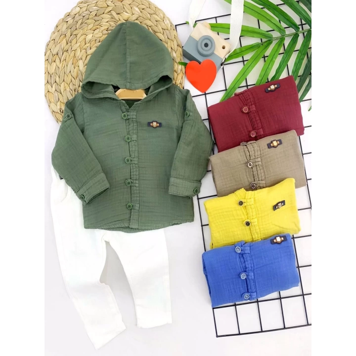 9-12-18-24 Ay Nefes Alan Organik Kumaş Kapşonlu Düğmeli 2li Erkek Bebek Takımı Sarı