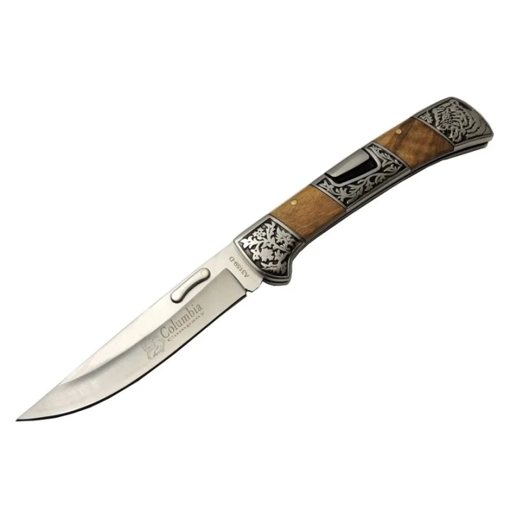 A3159-d Kahverengi Kamp Çakı 23,5cm- Ahşap Sap, Kaplan İşlemeli, Kemerlikli