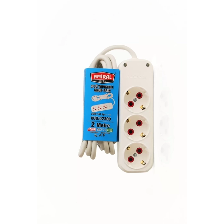 Amiral 3 Lü Topraklı 2 Metre Kablolu Grup Priz