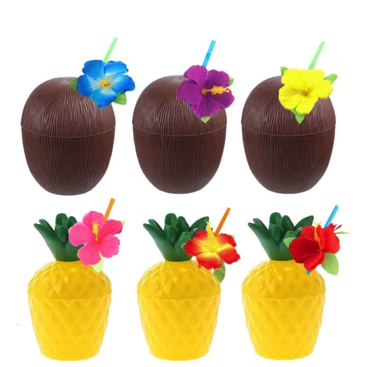 Ananas & Hindistan Cevizi Tasarımlı Pipetli Bardak Seti (6 Adet)