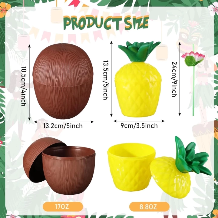 Ananas  Hindistan Cevizi Tasarımlı Pipetli Bardak Seti (6 Adet)