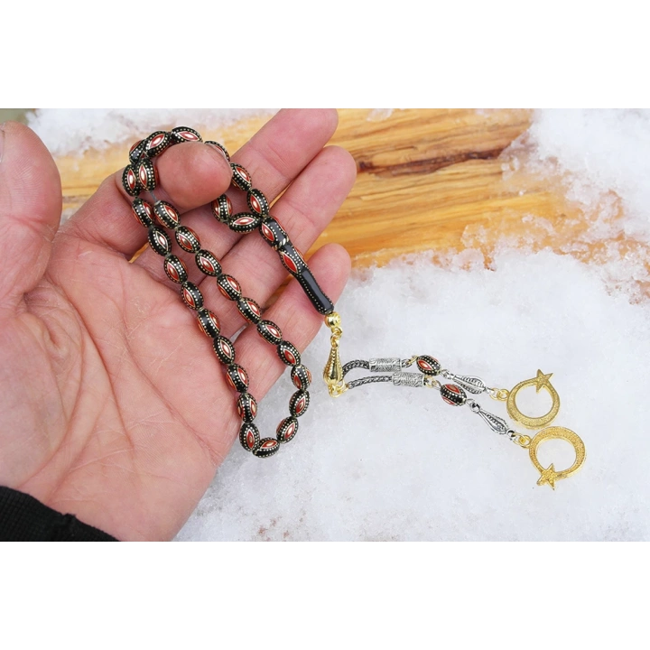 Arpa Model Kırmızı Mine  İşlemeli Pirinç Kafes Tespih