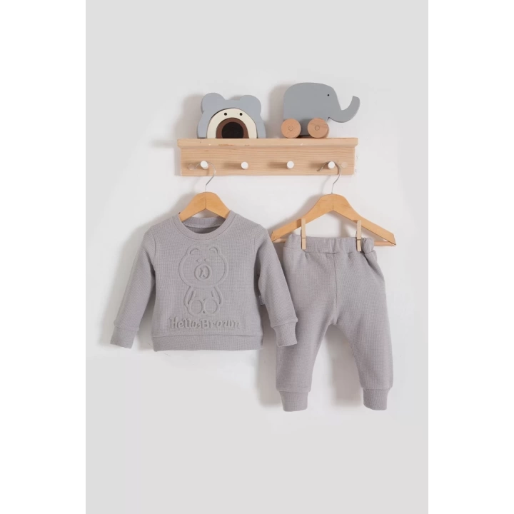 Bear Gofre Kabartmalı 2li Erkek Bebek Takımı