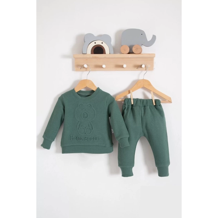 Bear Gofre Kabartmalı 2li Erkek Bebek Takımı
