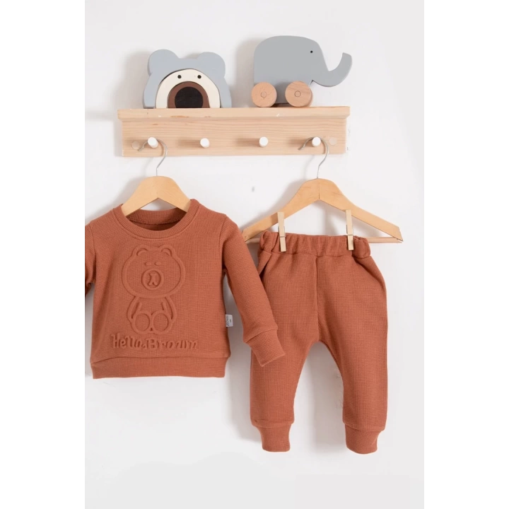 Bear Gofre Kabartmalı 2li Erkek Bebek Takımı