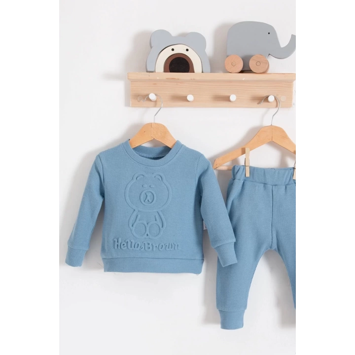 Bear Gofre Kabartmalı 2li Erkek Bebek Takımı