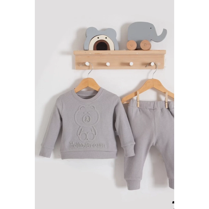 Bear Gofre Kabartmalı 2li Erkek Bebek Takımı