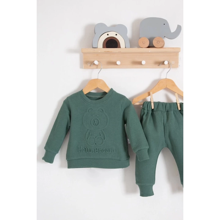 Bear Gofre Kabartmalı 2li Erkek Bebek Takımı