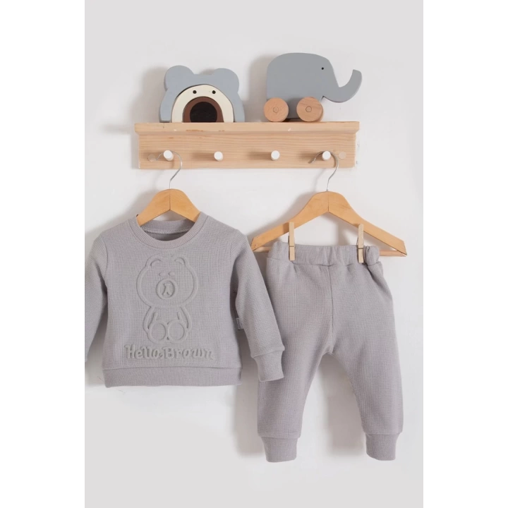 Bear Gofre Kabartmalı 2li Erkek Bebek Takımı
