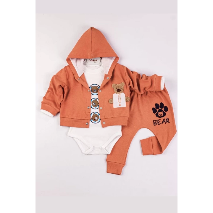 Bear Nakışlı Kapişonlu Erkek Bebek Takım