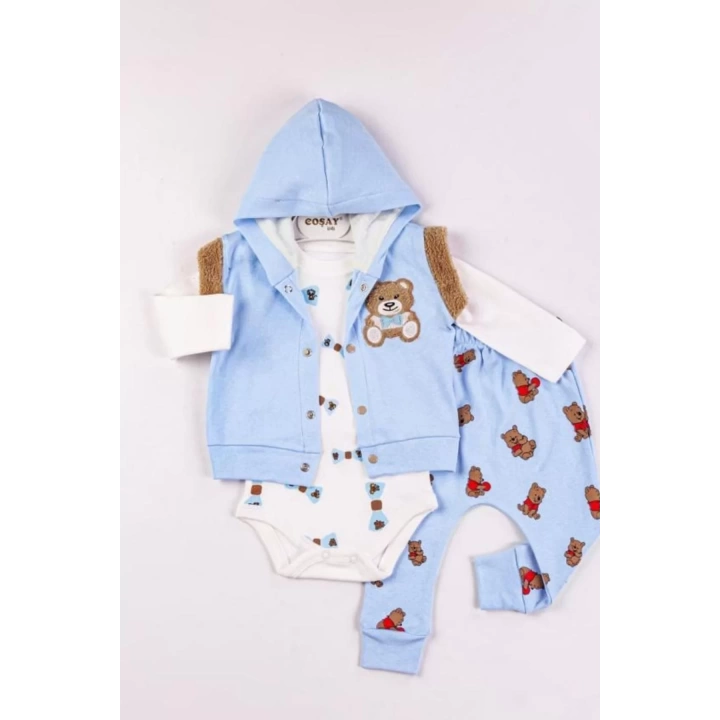 Bear Nakışlı Yelekli 3lü Erkek Bebek Takımı