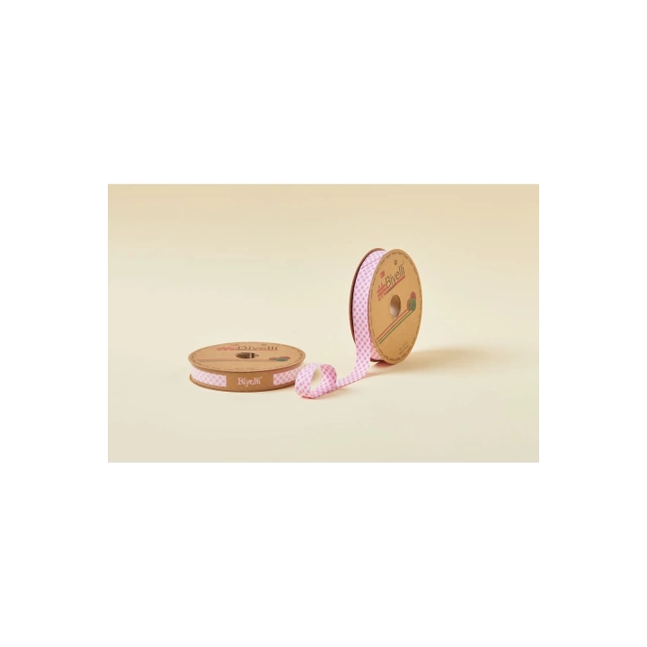 Biye Ekoseli Katlı E02 Pembe 2 cm 25 Metre %65 Koton %35 Polyester