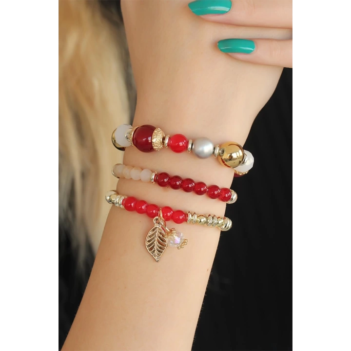 Bordo Kırmızı Boncuklu Bayan Bileklik - TJ-BB2650-KS