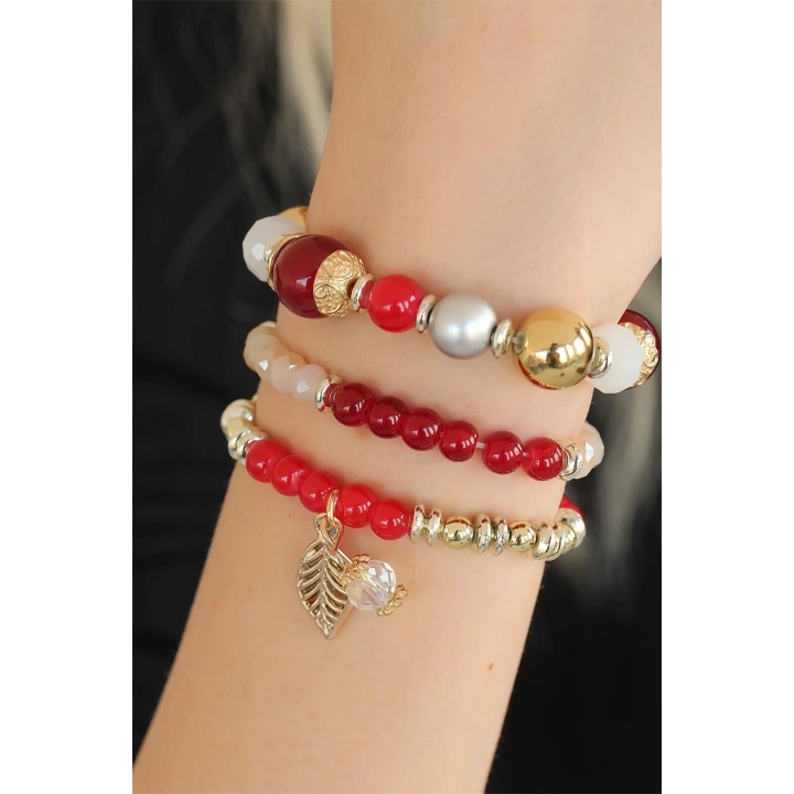 Bordo Kırmızı Boncuklu Bayan Bileklik - TJ-BB2650-KS