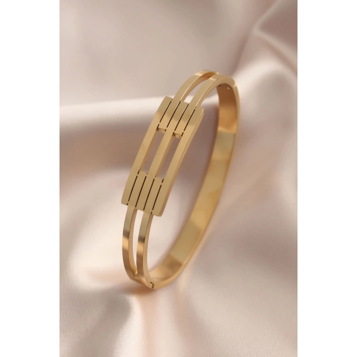 Çelik Gold Renk Kaburga Model Kelepçe Kadın Bileklik - TJ-BB4662