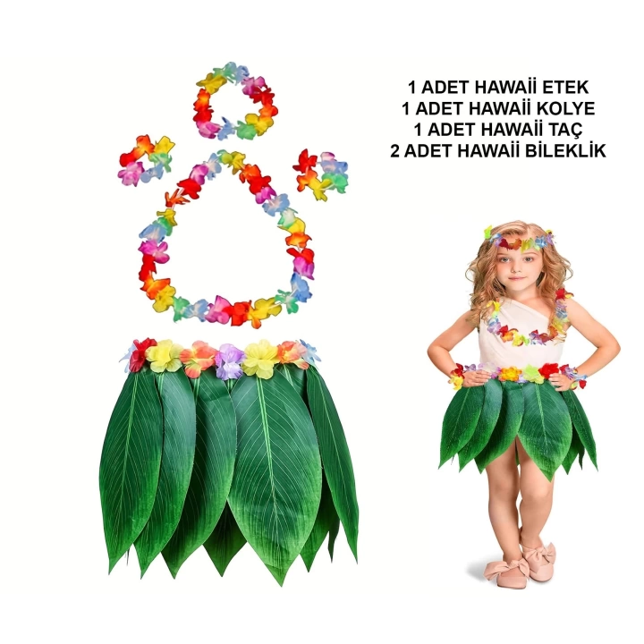 Çocuk Hawaii Kostüm Seti - Yaprak Etek  Hawaii Set - 5 Parça