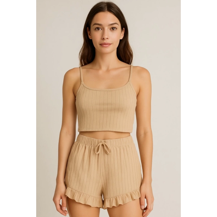 Crop Takım - Askılı Crop Takım Likralı Bej (m)
