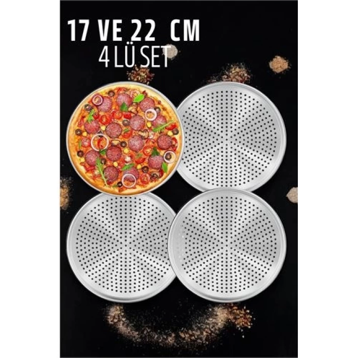 DKTT Delikli Pizza Lahmacun Tepsisi Çelik 17 ve 22 CM 4 lü SET