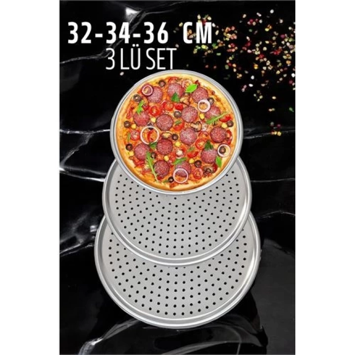 DKTT Delikli Pizza Lahmacun Tepsisi Çelik 32-34-36 CM 3 lü SET