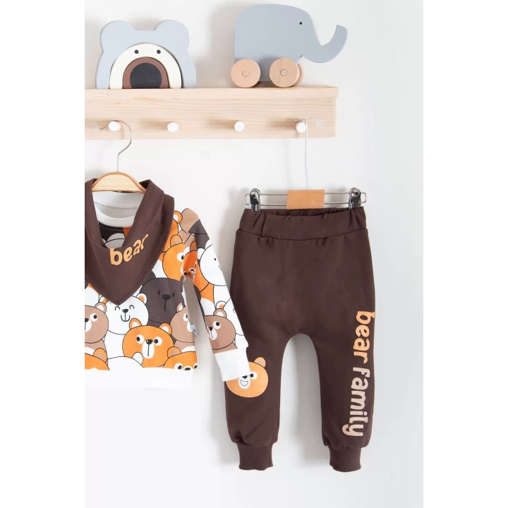 Family Bears Desenli 3lü Fularlı Erkek Bebek Takımı