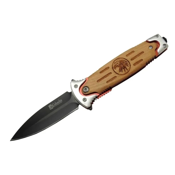 Fs 11032 Kahverengi Kurtarma / Kamp Çakısı 20cm - Kartal İşlemeli Ahşap Sap, Kemerlikli, Cam Kırma Aparatlı