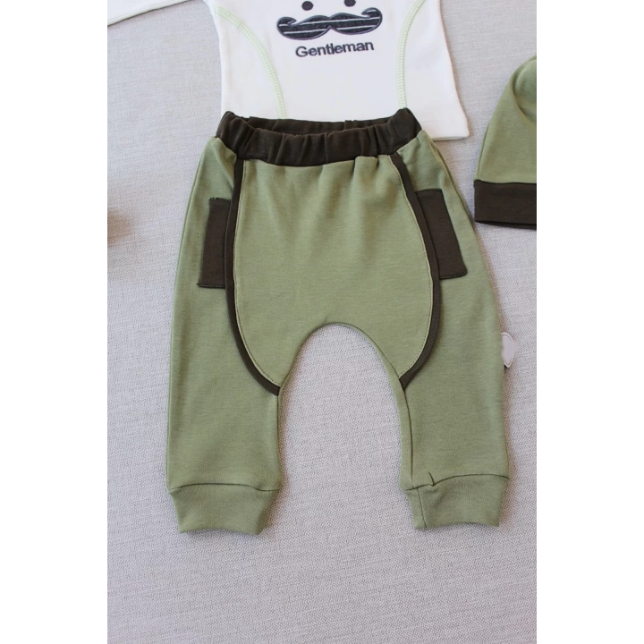 3-6 6-9 9-12 Ay Gentleman Erkek Nakışlı Şapkalı Uzun Kollu Sweat 3lü Erkek Bebek Takımı Yeşil